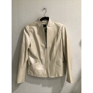 Bernardo Leather Blazer Jacket Women's Size L Ivory Pearlescent Luster